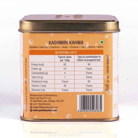 Kashmiri Kahwa Green Tea, Supreme Blend of Green Tea and Indian Spices, Loose Leaf, 100 grams, Makes 50 Cups