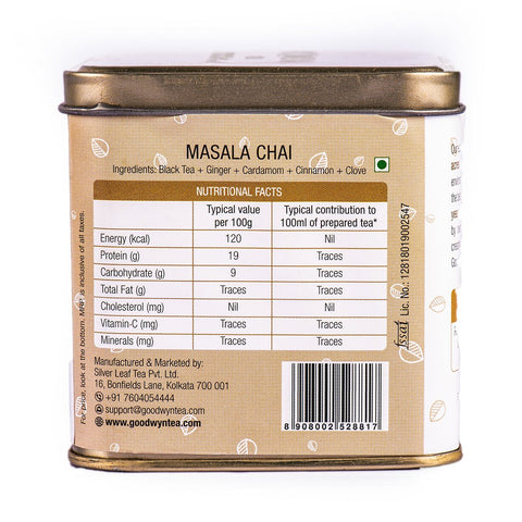 Goodwyn Masala Chai, Classic Black Tea with Traditional Indian Spices,100 Grams, Makes 50 Cups